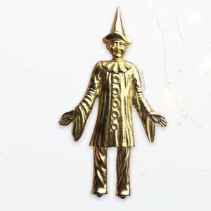 Vintage Gold Tone Pierrot Sad Clown Figural Halloween Spooky Large Brooch Pin